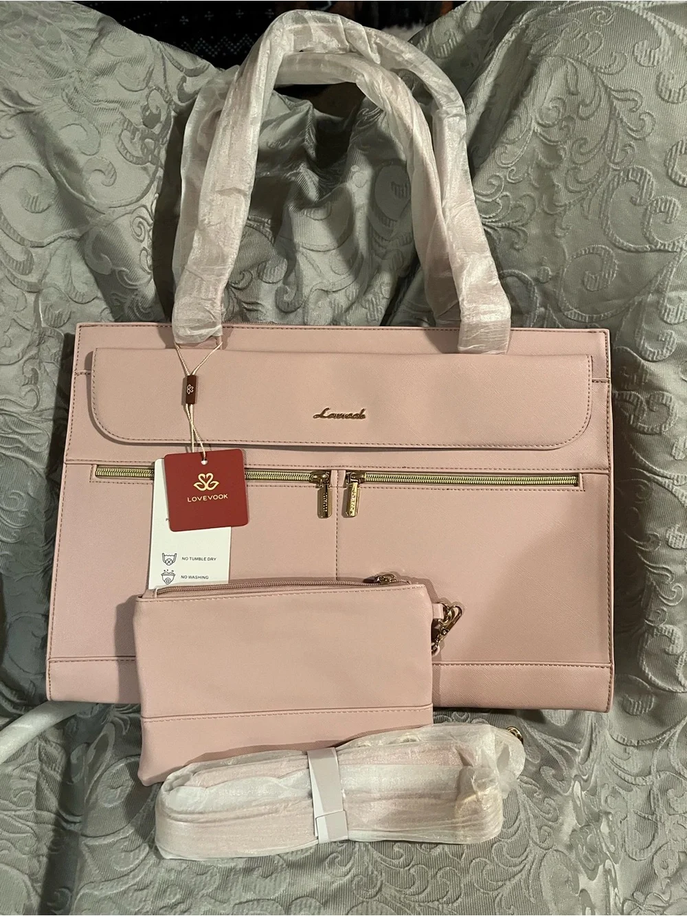 Women's Pink Laptop Tote Bag with Matching Wristlet